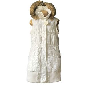Giordano Puffer Coat NEW Hooded Sleeveless Faux Fur White M Zip Ski Snowboard